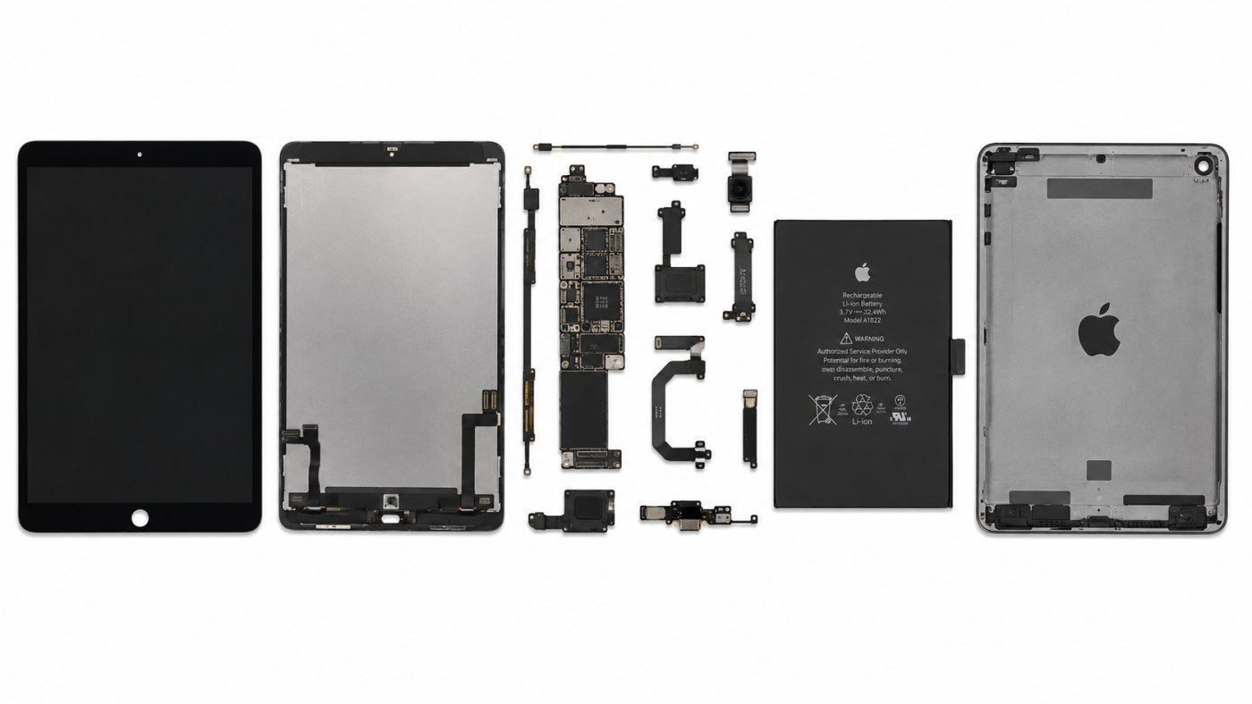 iPad shown fully disassembled: screen, digitiser, logic board, battery and rear housing