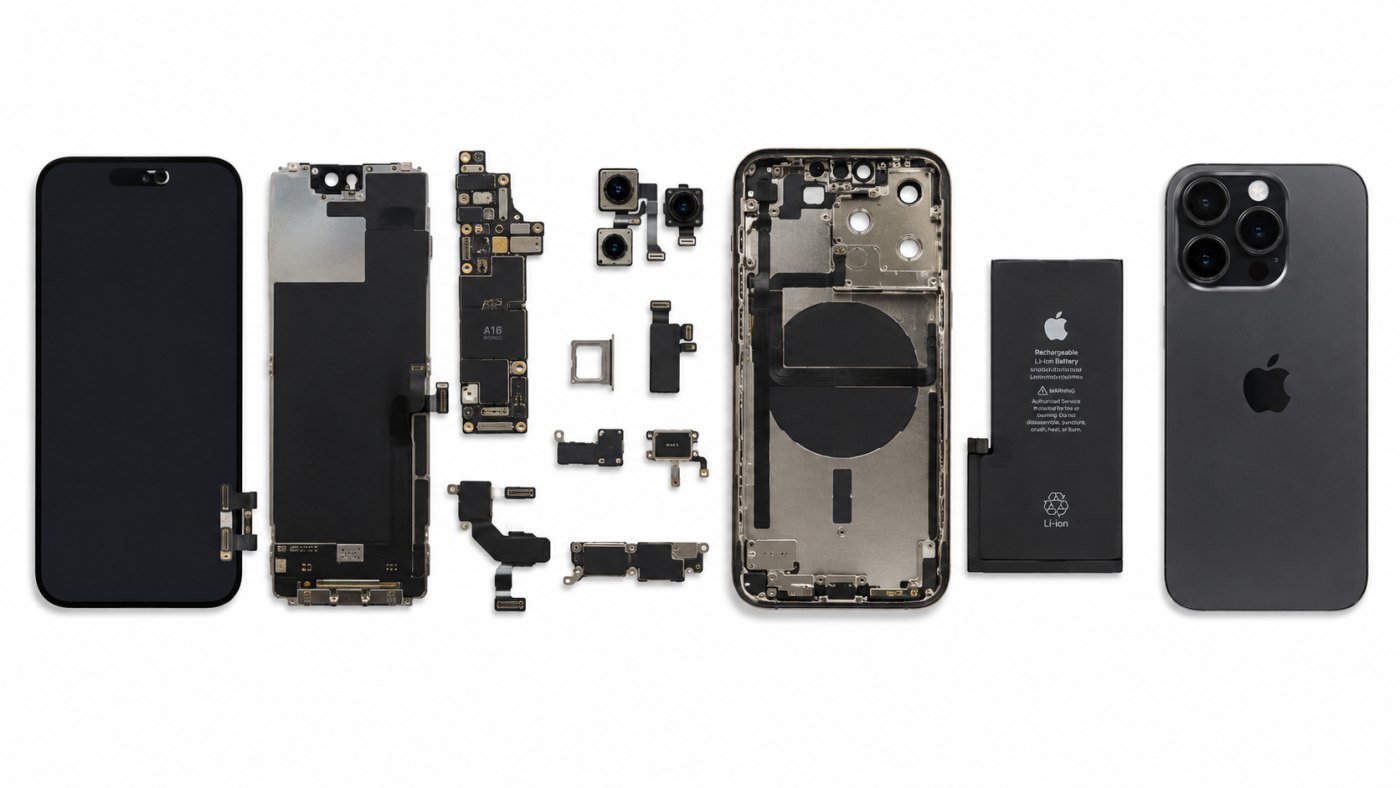 iPhone shown fully disassembled: screen, logic board, camera modules, chassis and battery