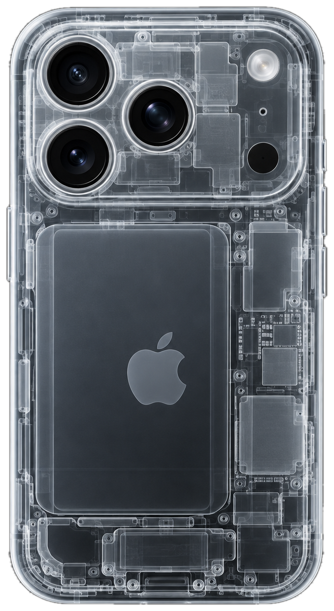 X-ray view of an iPhone revealing its internal battery, camera modules and logic board