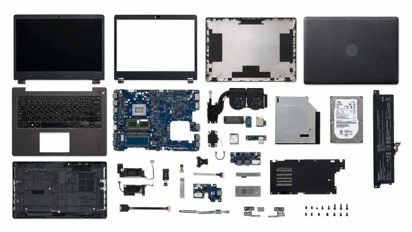 Laptop shown fully disassembled: screen, keyboard, motherboard, cooling fans, hard drive and battery