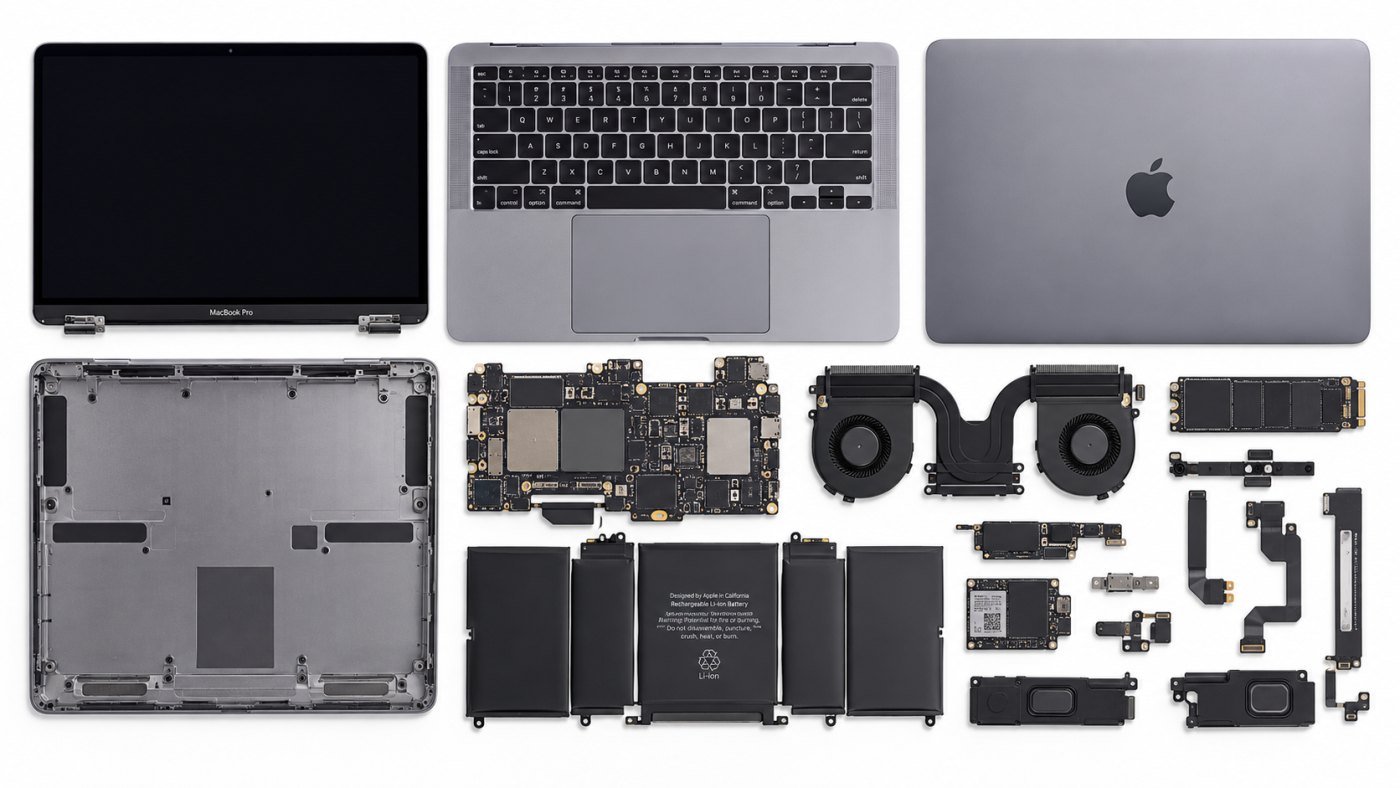 MacBook Pro shown fully disassembled: display, keyboard deck, logic board, fans, battery cells and speakers
