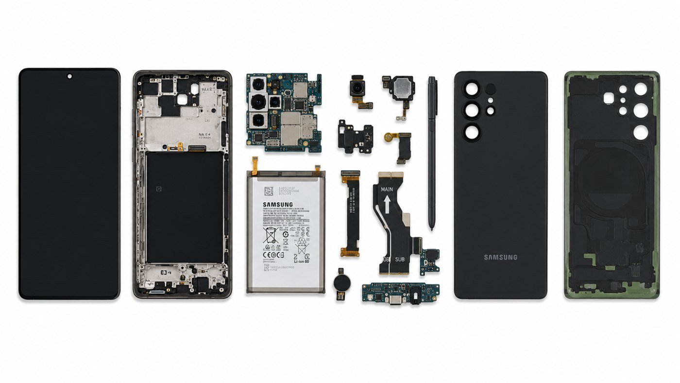 Samsung Galaxy handset shown fully disassembled: screen, frame, board, battery, S Pen and back glass